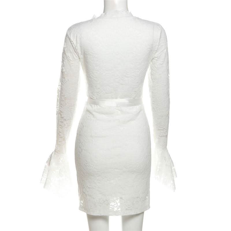 Long flared sleeve v neck lace self tie mini dress