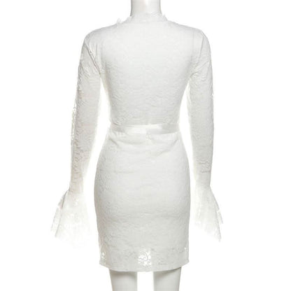 Long flared sleeve v neck lace self tie mini dress