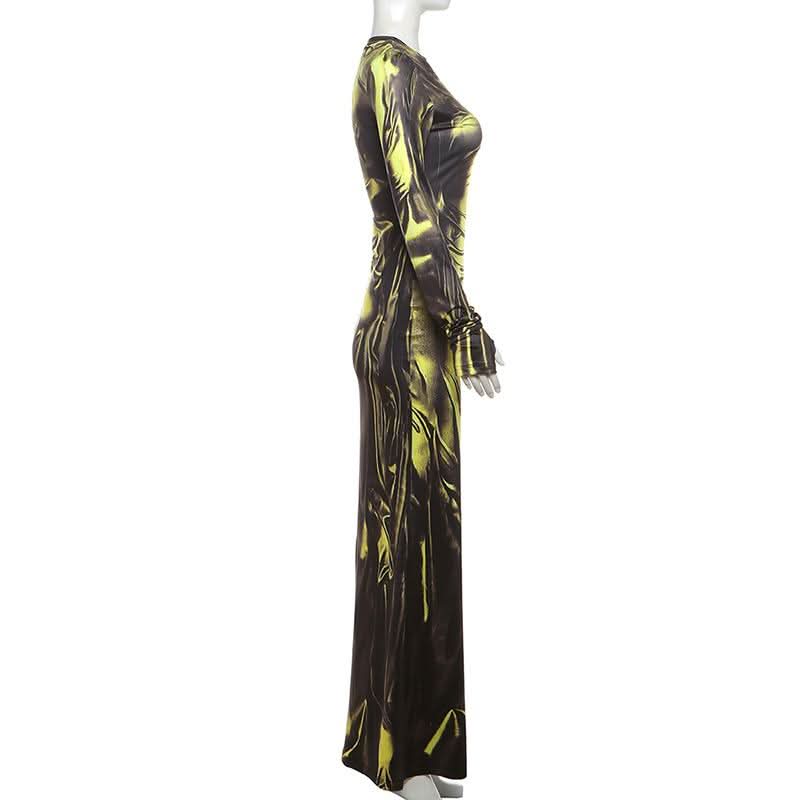 Long sleeve crewneck ruched print maxi dress