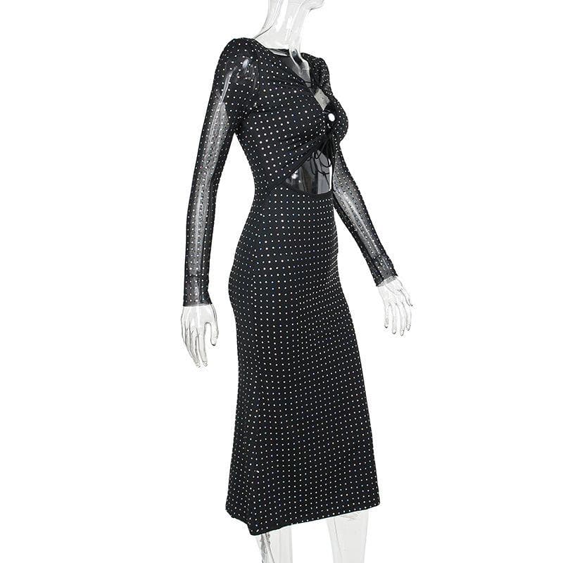Rhinestone Grid Long Sleeve Keyhole Bow Tie Front Cutout Maxi Dress