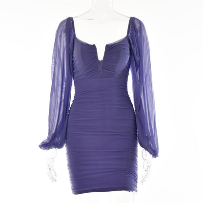 Mesh solid long sleeve ruched notch neck zip-up mini dress