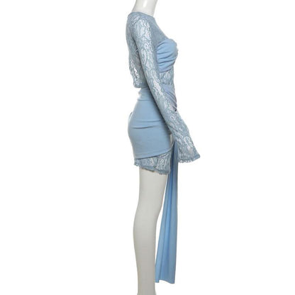 Long sleeve lace patchwork ruched mini dress