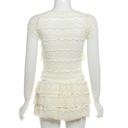 Crewneck cap sleeve textured ruched solid mini skirt set