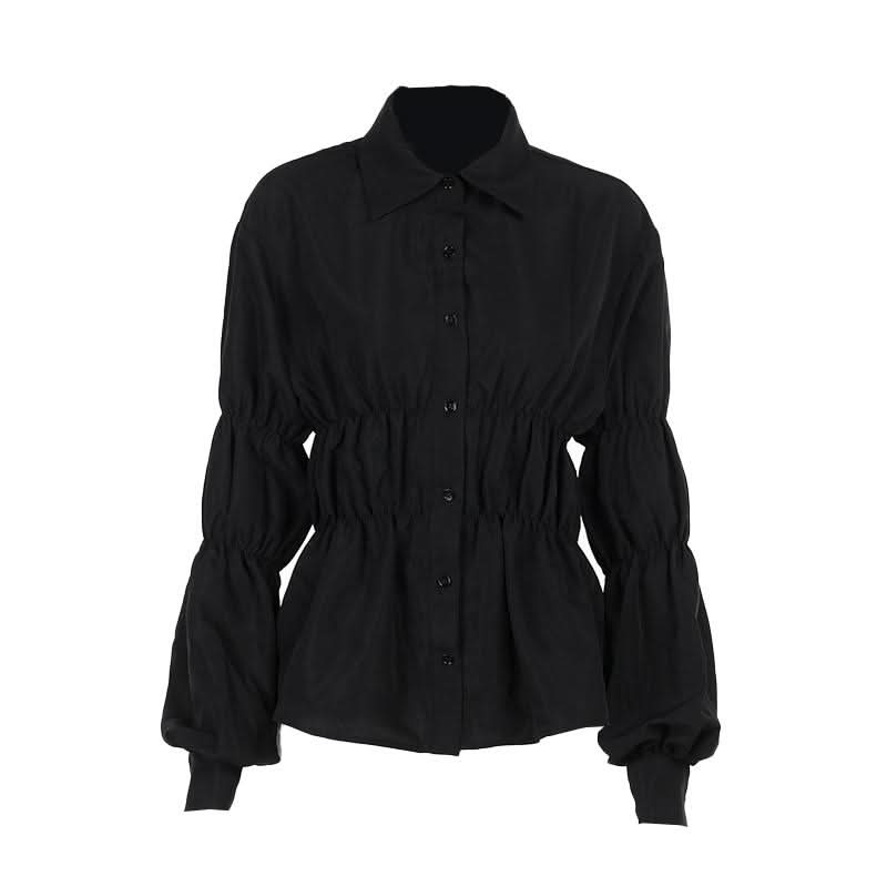 Turnover collar long puff sleeve button top