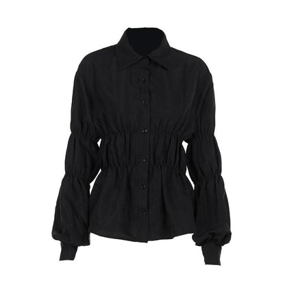 Turnover collar long puff sleeve button top