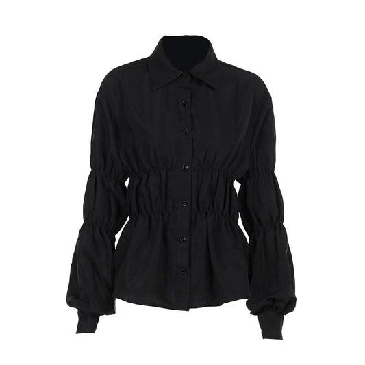 Turnover collar long puff sleeve button top