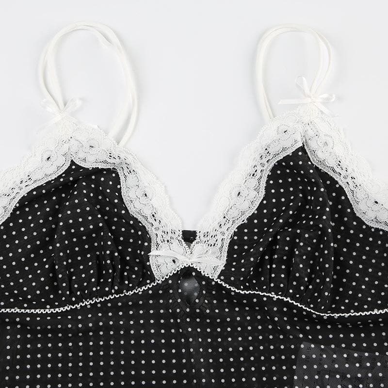 Polka dot lace hem mesh see through cami top