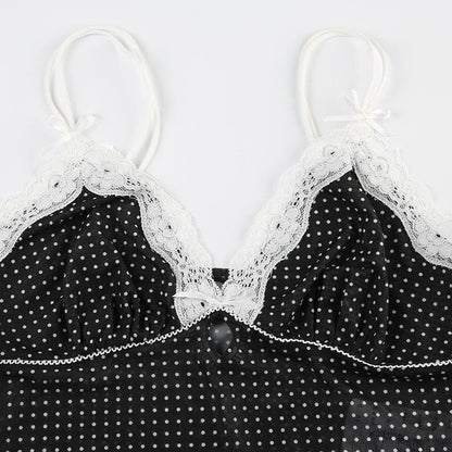 Polka dot lace hem mesh see through cami top