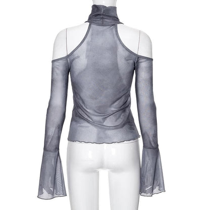 Long flared sleeve high neck sheer mesh print off shoulder top