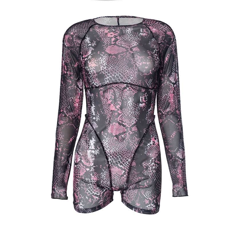 Long sleeve sheer mesh snakeskin print stitch romper