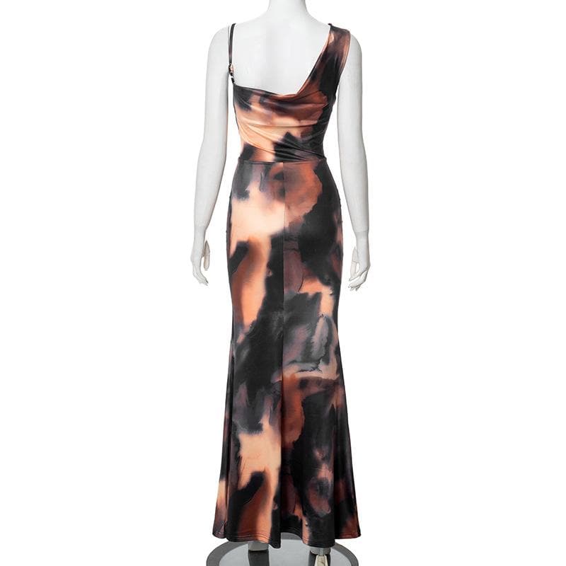 Cowl neck tie dye print backless cami maxi dress
