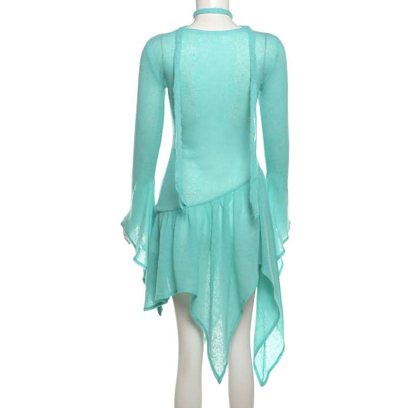 Long flared sleeve knitted ruffle mini dress