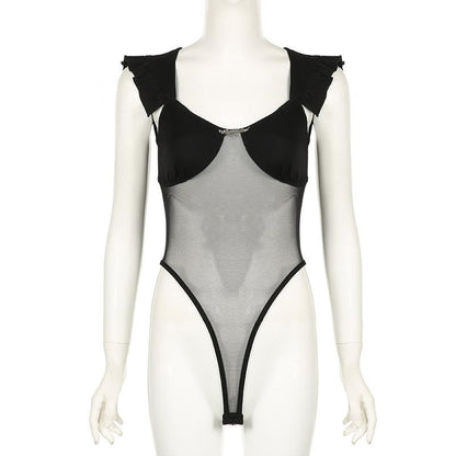 Mesh ruffle v neck metal tag bodysuit
