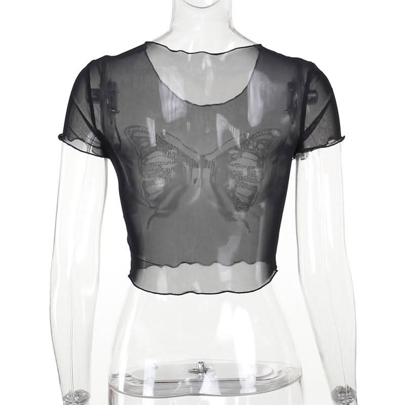 Round neck short sleeve butterfly pattern beaded crop top