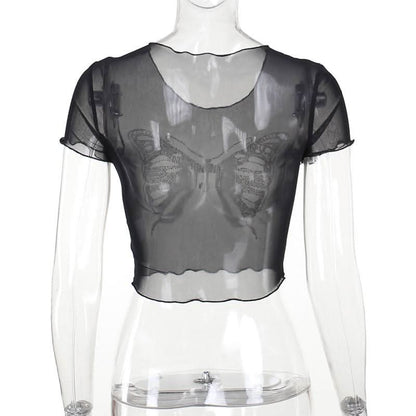 Round neck short sleeve butterfly pattern beaded crop top