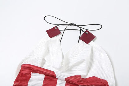 Halter cowl neck "06" print lace up top