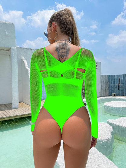 Long sleeve hollow out cross front net bodysuit