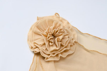 Ruffle sheer mesh see through flower applique ribbon sleeveless midi dress