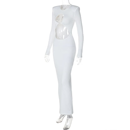 Long sleeve crewneck padded hollow out slit cut out maxi dress