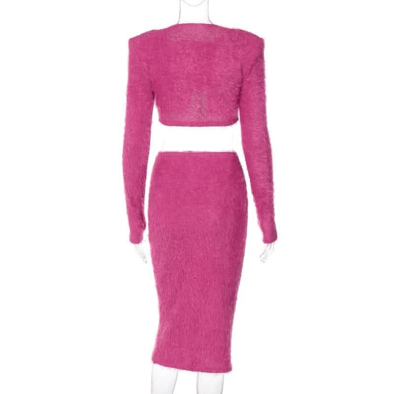 Textured button long sleeve gloves midi skirt set-final-sale