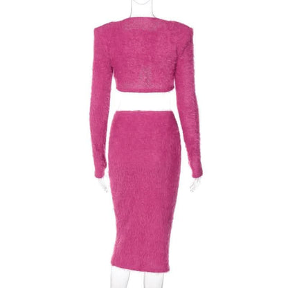 Textured button long sleeve gloves midi skirt set-final-sale