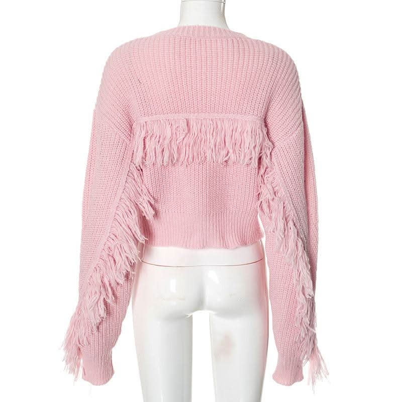 Long sleeve crewneck tassels knitted top