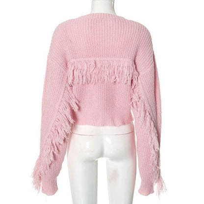 Long sleeve crewneck tassels knitted top
