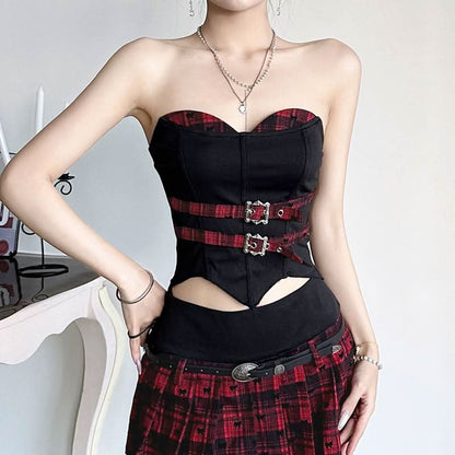 Sweetheart neck plaid buckle top