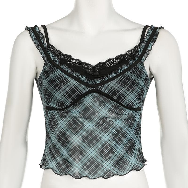 Plaid lace hem patchwork stitch mesh ruffle cami top