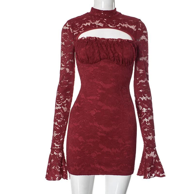 Long flared sleeve hollow out ruched lace cut out mini dress