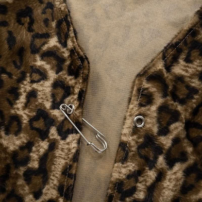 Leopard print v neck hollow out sleeveless vest cut out top