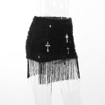 Fluffy cross pendant tassels mini skirt
