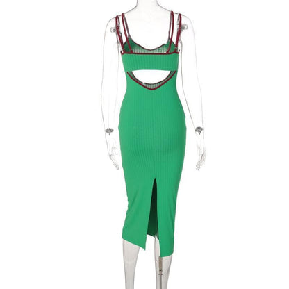 Rib Knit Scoop Neck Double Strap Contrast Trim Hollow Out Midi Dress