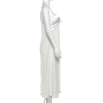 Halter bowknot button flower pattern slit midi dress