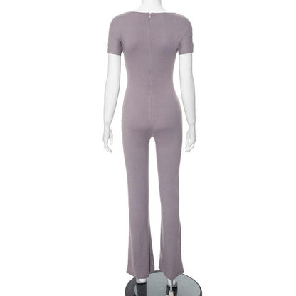 Short sleeve square neck zip-up solid jumpsuit