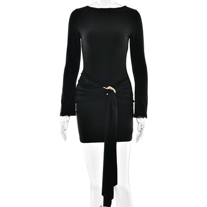 Long sleeve ruched metal applique mini dress