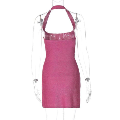 Halter o ring high slit glitter backless solid mini dress