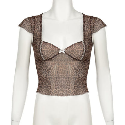 Leopard print short sleeve bowknot mesh top