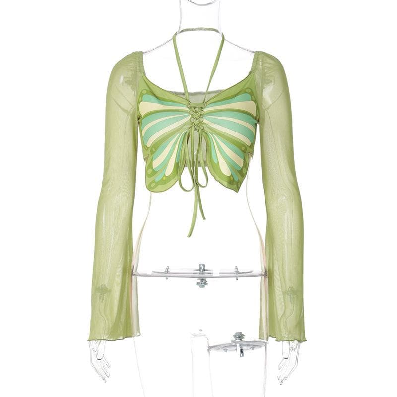 Long sleeve halter butterfly pattern drawstring crop top