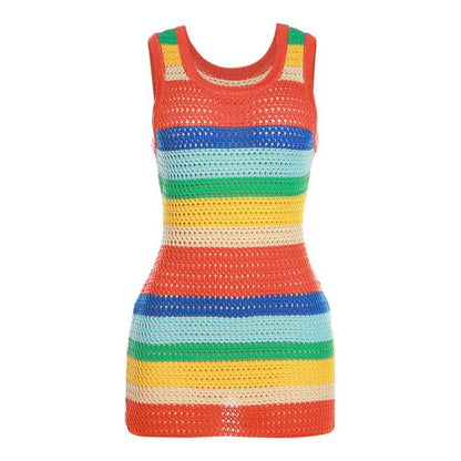 Striped Open-Knit Crochet Scoop Neck Tank Bodycon Mini Dress