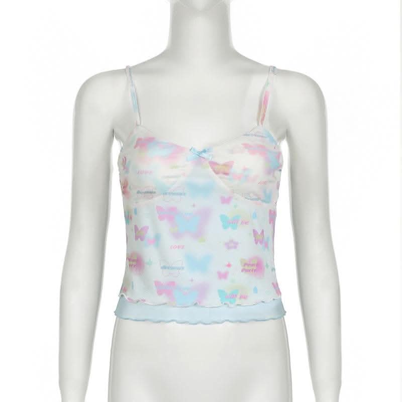 Bowknot butterfly print mesh ruffle cami top-final-sale