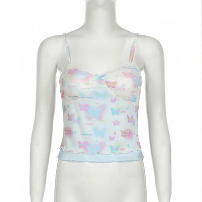Bowknot butterfly print mesh ruffle cami top-final-sale