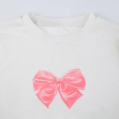 Bowknot pattern contrast long sleeve crewneck top