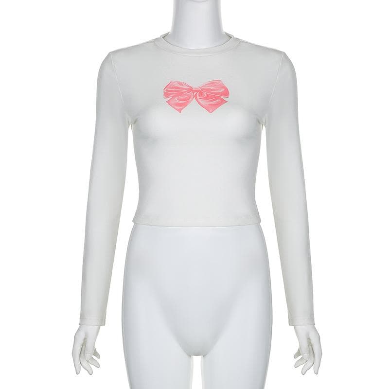 Bowknot pattern contrast long sleeve crewneck top
