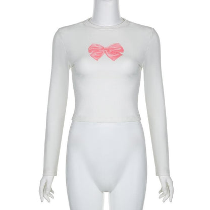 Bowknot pattern contrast long sleeve crewneck top
