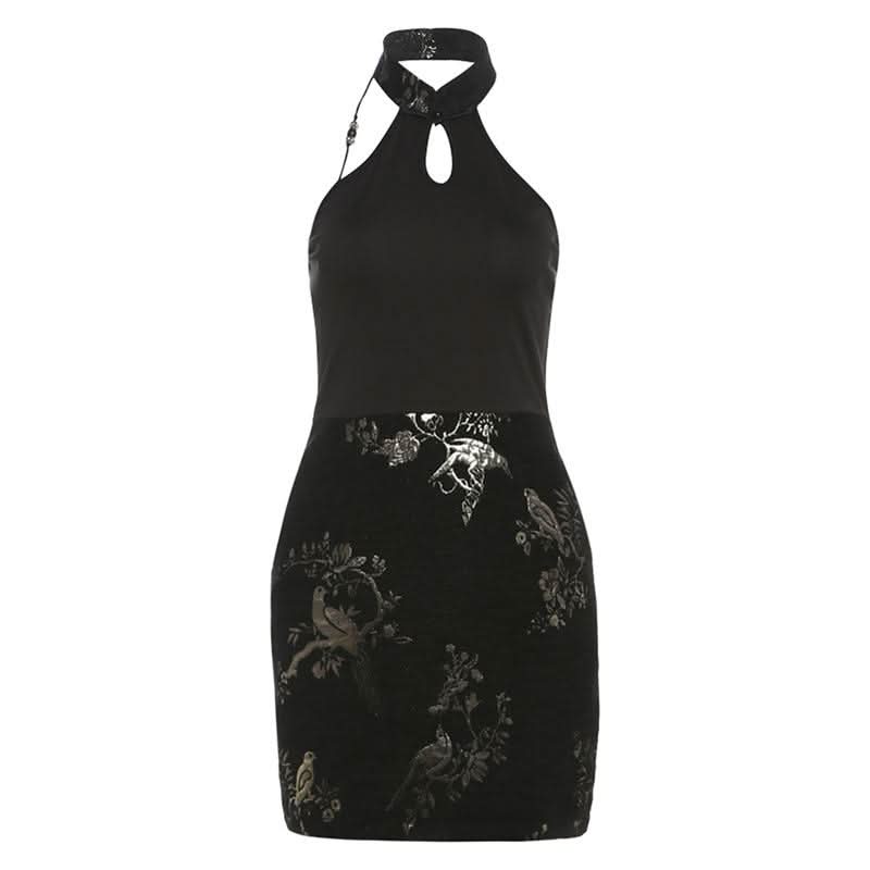 Halter print backless beaded button mini dress
