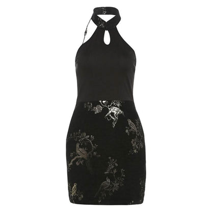 Halter print backless beaded button mini dress