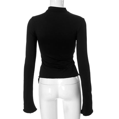 Long sleeve high neck ruched drawstring irregular top