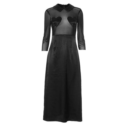 Turnover collar long sleeve sweetheart pattern mesh maxi dress