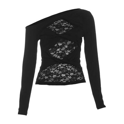 Off shoulder long sleeve lace patchwork top